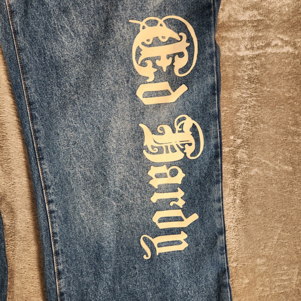ED HARDY Women's Size 32 Blue Wide Leg Jeans Tattoo Print Embellished WEHD8500-2 - Picture 6 of 15
